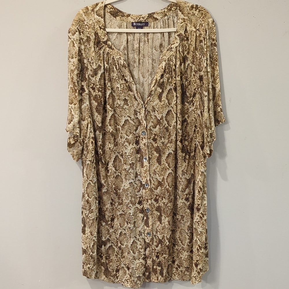 Snake Print Tunic Blouse Button Up Short SleeveSl Size‎ 26W Long